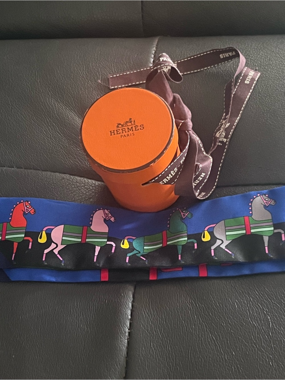 Hermès Silk Twilly Scarf - Blue Multi Horse Print - With Box & COA